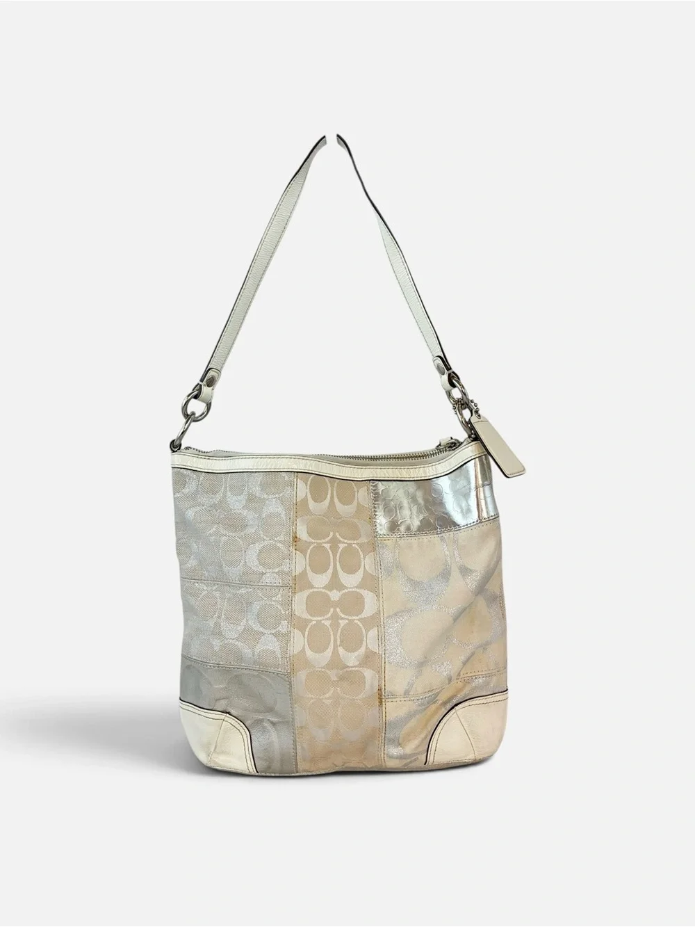 Coach Neutral Patchwork Signature Hobo Bag in Ivory and Metallic